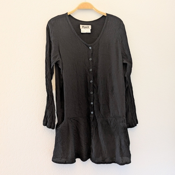 FLAX Button Down Crinkle Black Long Sleeve Pocket Short dress - Picture 1 of 7